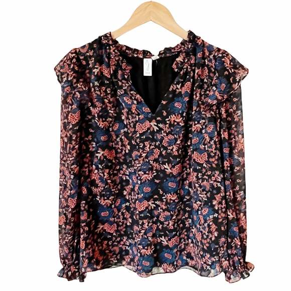 JOIE Peasant Floral Silky Blouse Black Red Gold Thread Long Sleeves Ruffles Sm - Picture 1 of 13